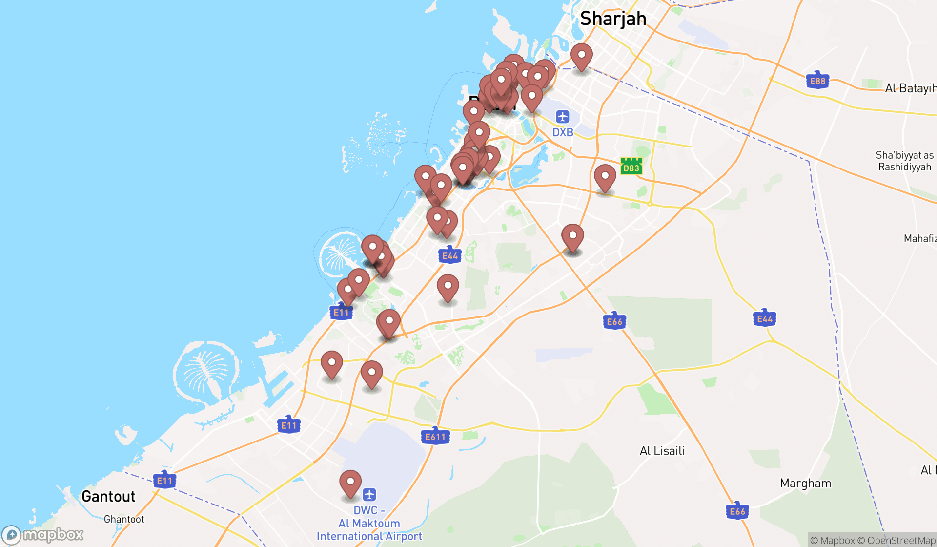 Map showing the search results in Dubai