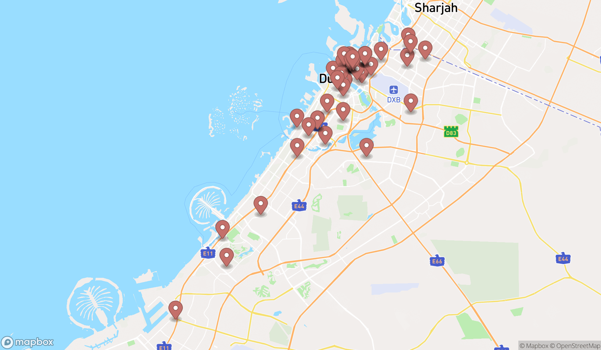 Map showing the search results in Dubai