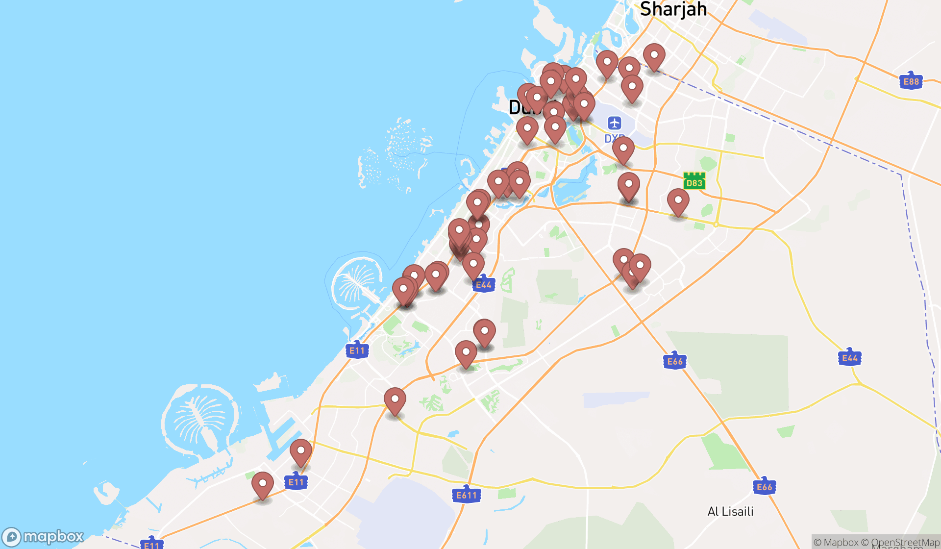 Map showing the search results in Dubai
