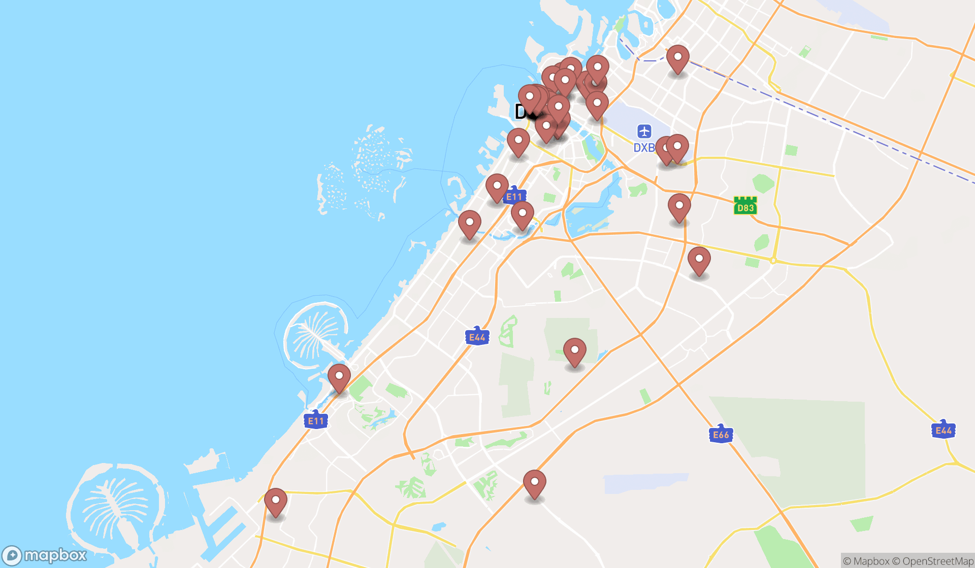 Map showing the search results in Dubai