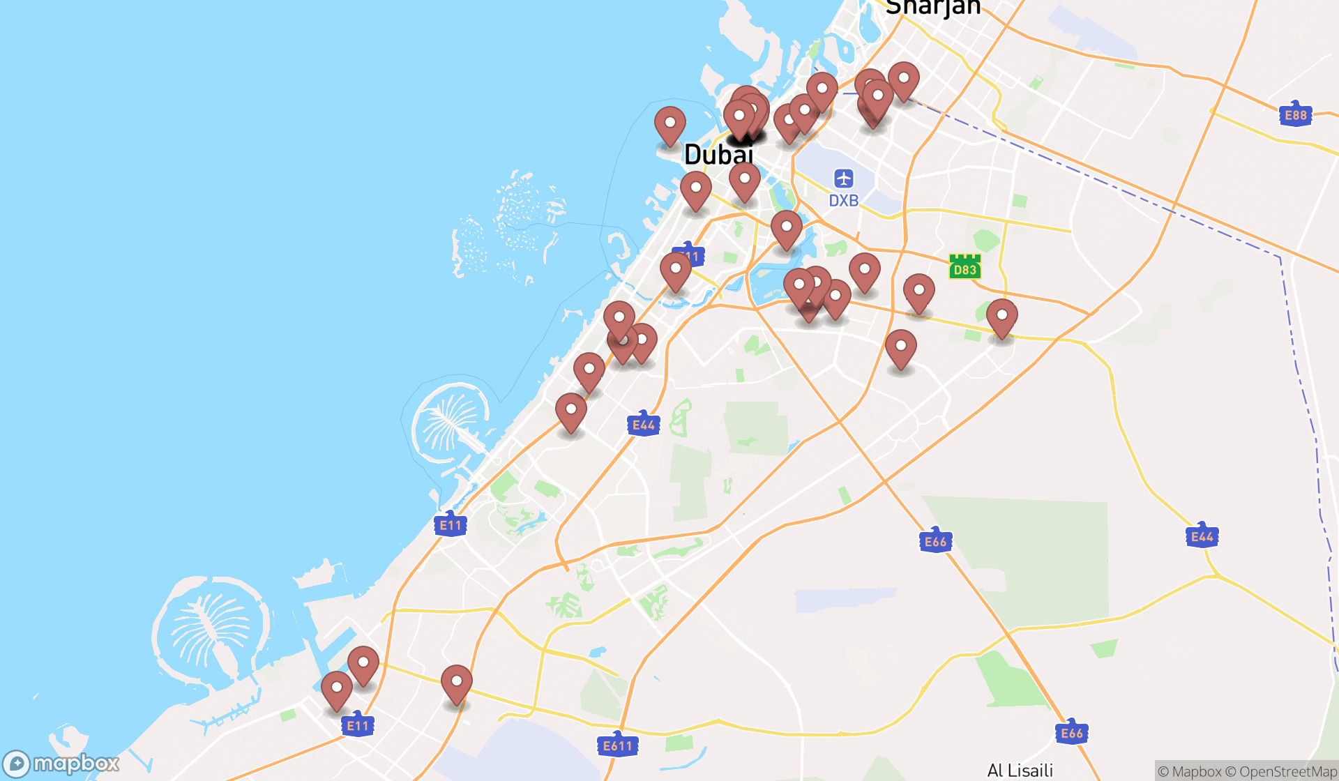 Map showing the search results in Dubai