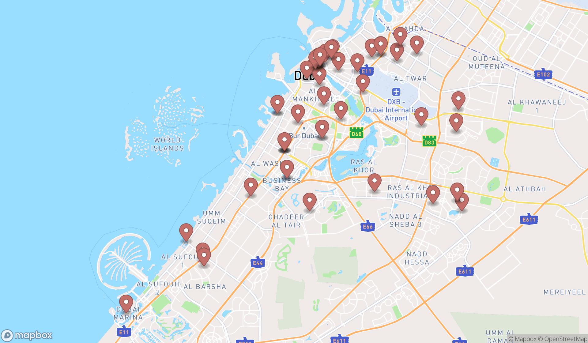 Map showing the search results in Dubai