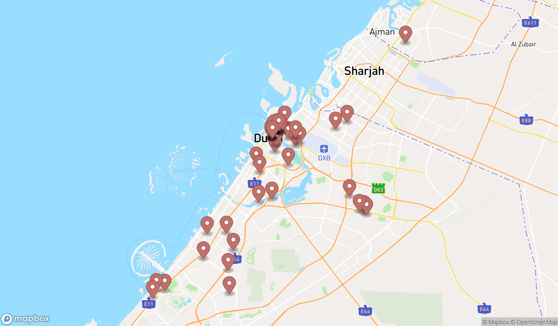 Map showing the search results in Dubai