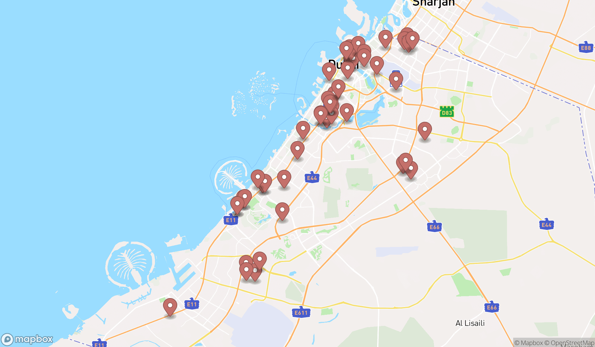 Map showing the search results in Dubai
