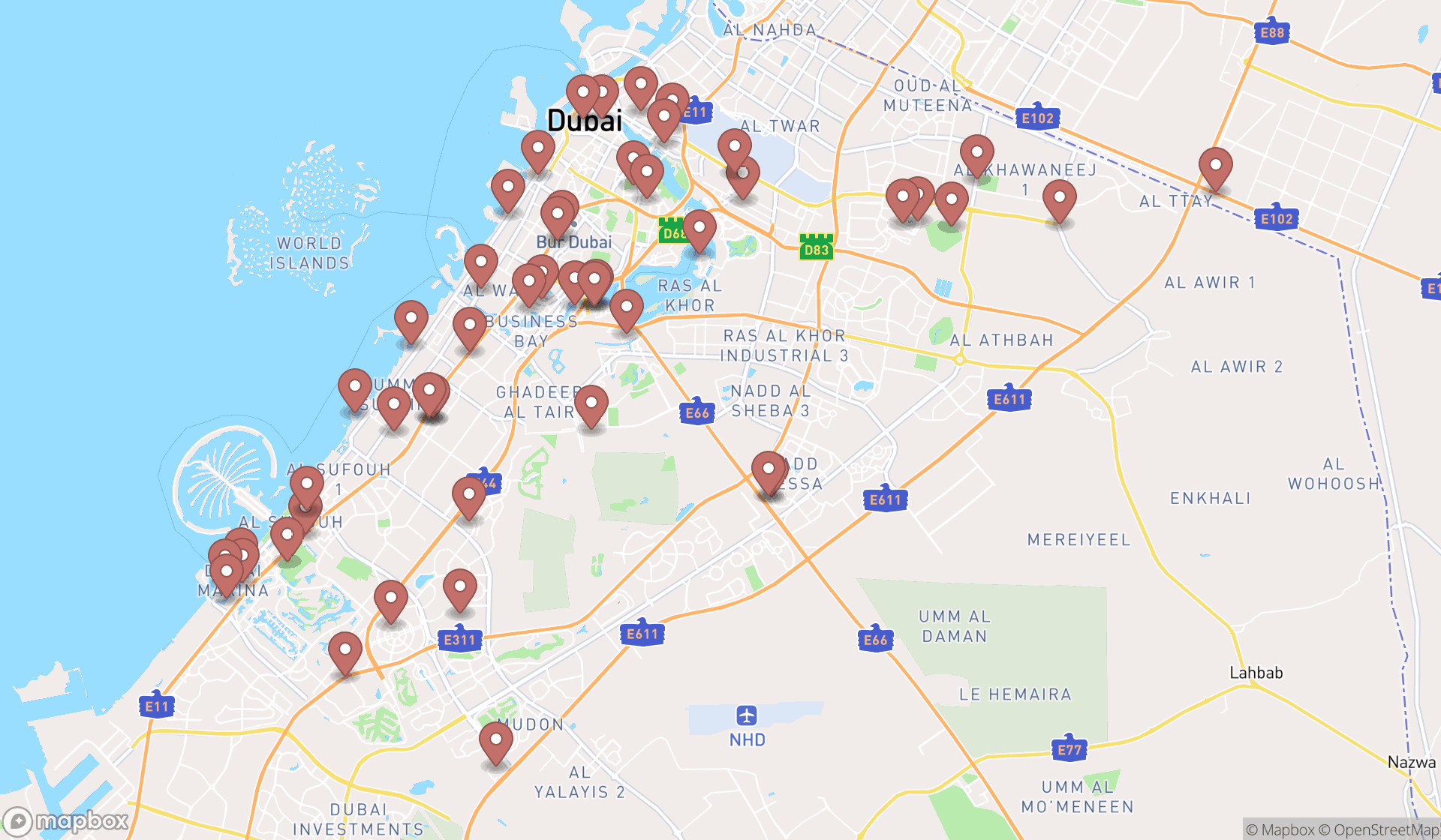 Map showing the search results in Dubai