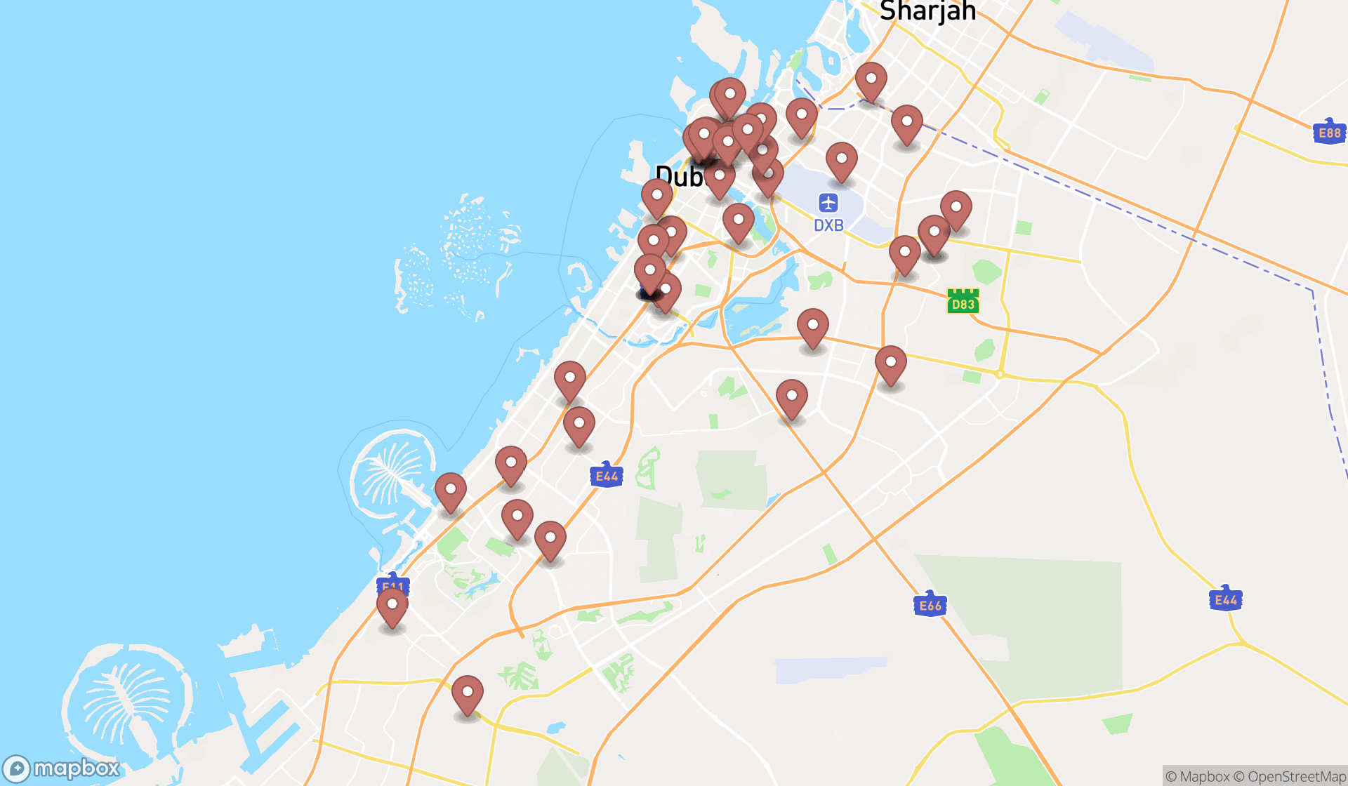 Map showing the search results in Dubai