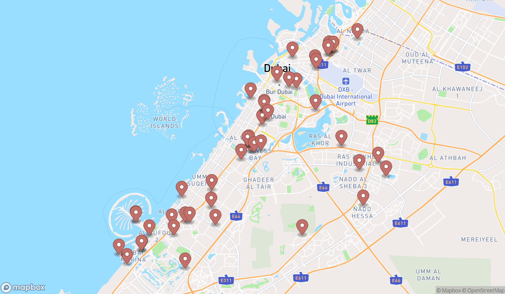 Map showing the search results in Dubai