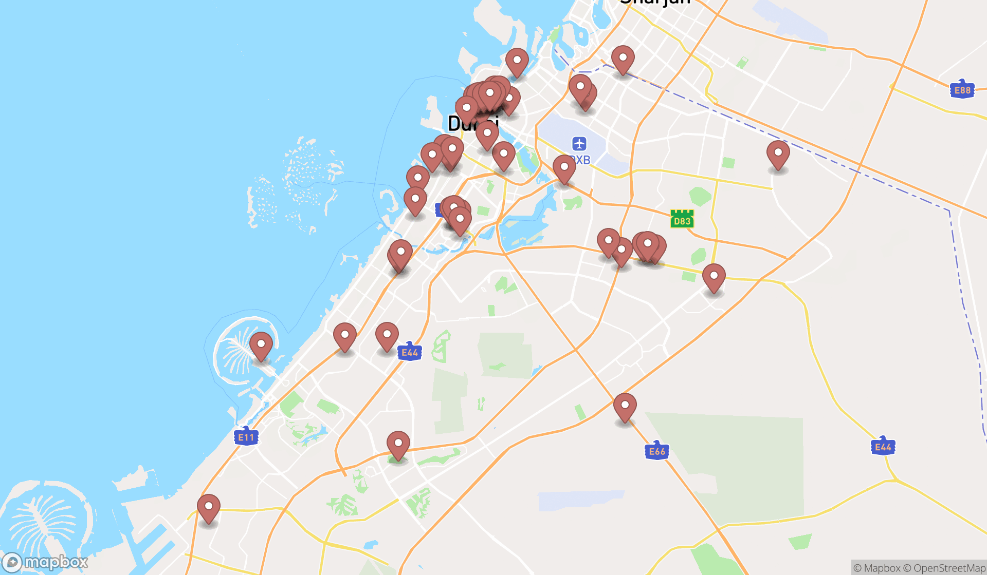 Map showing the search results in Dubai