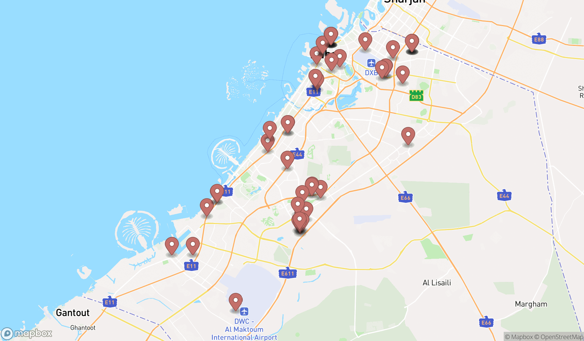 Map showing the search results in Dubai