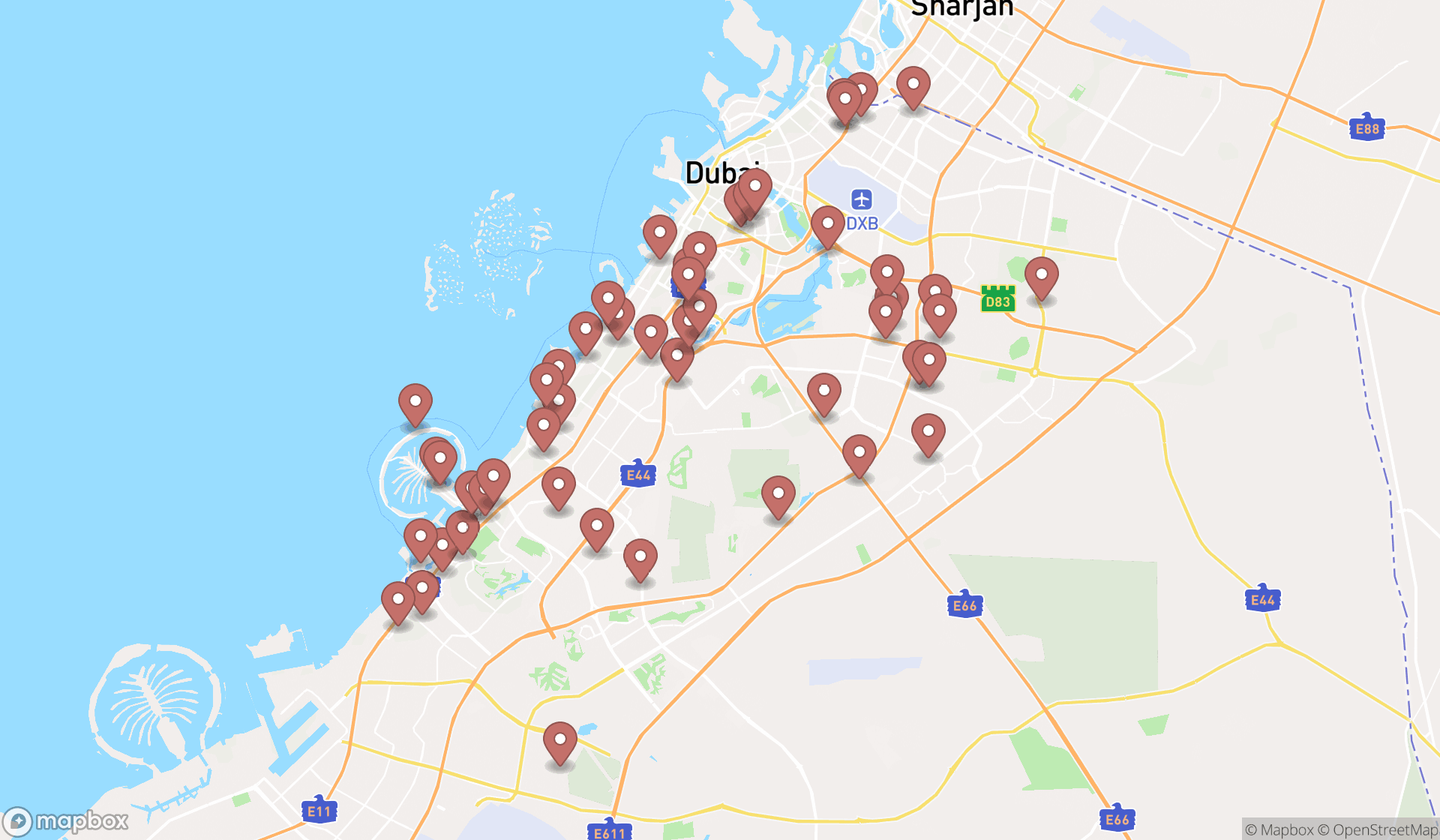 Map showing the search results in Dubai
