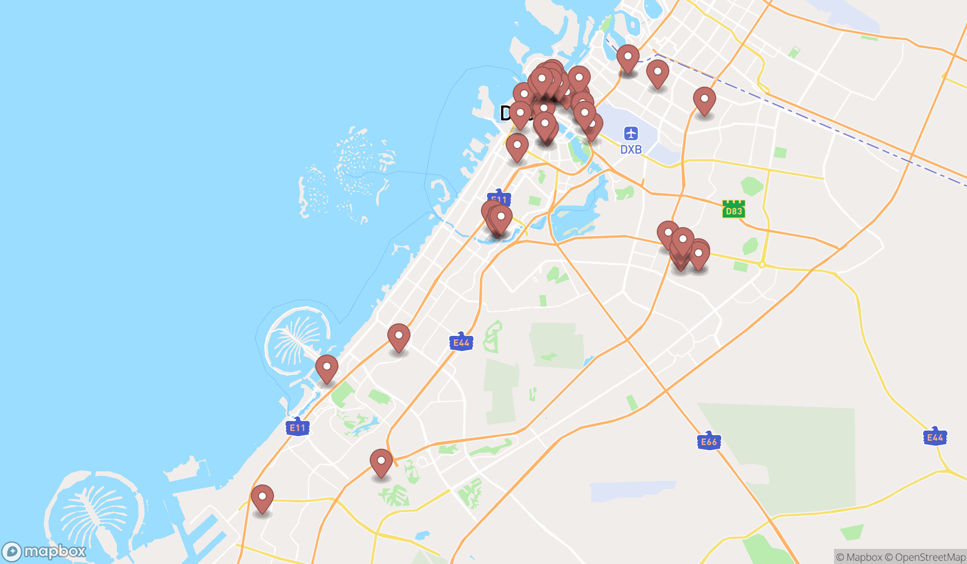 Map showing the search results in Dubai