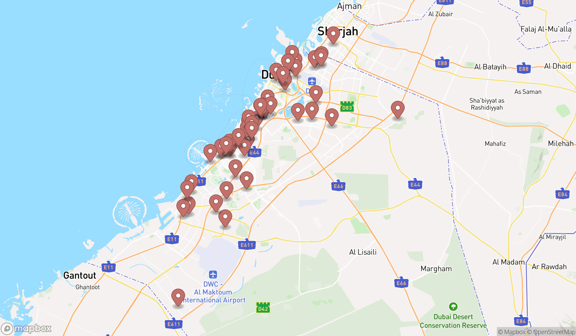 Map showing the search results in Dubai