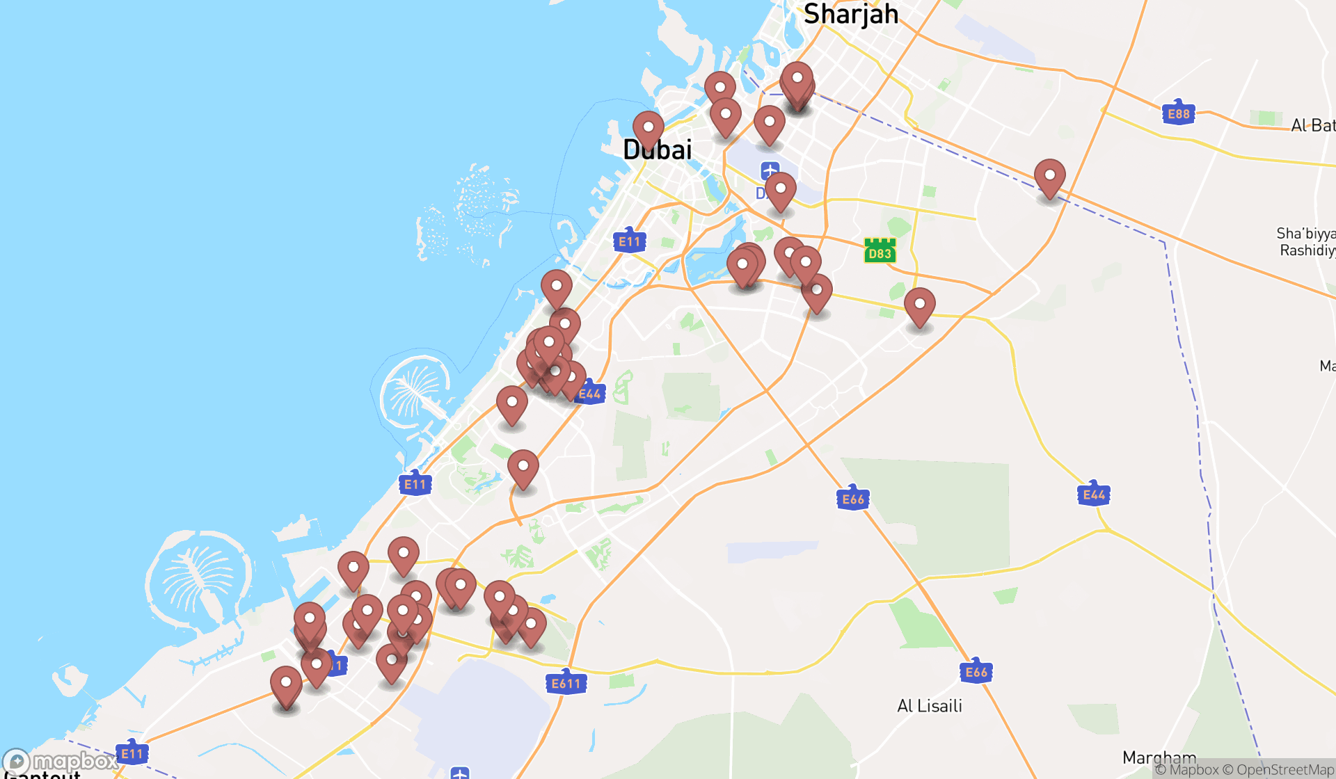 Map showing the search results in Dubai
