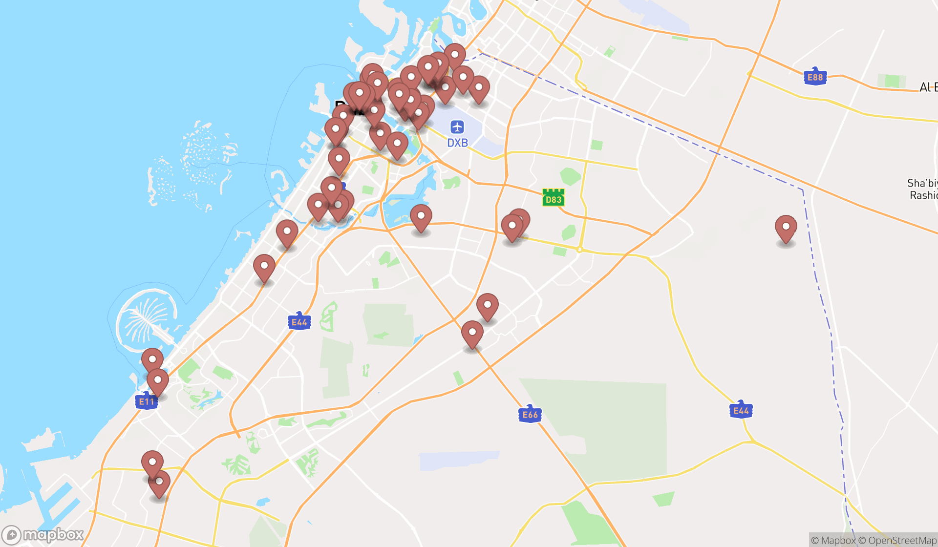 Map showing the search results in Dubai