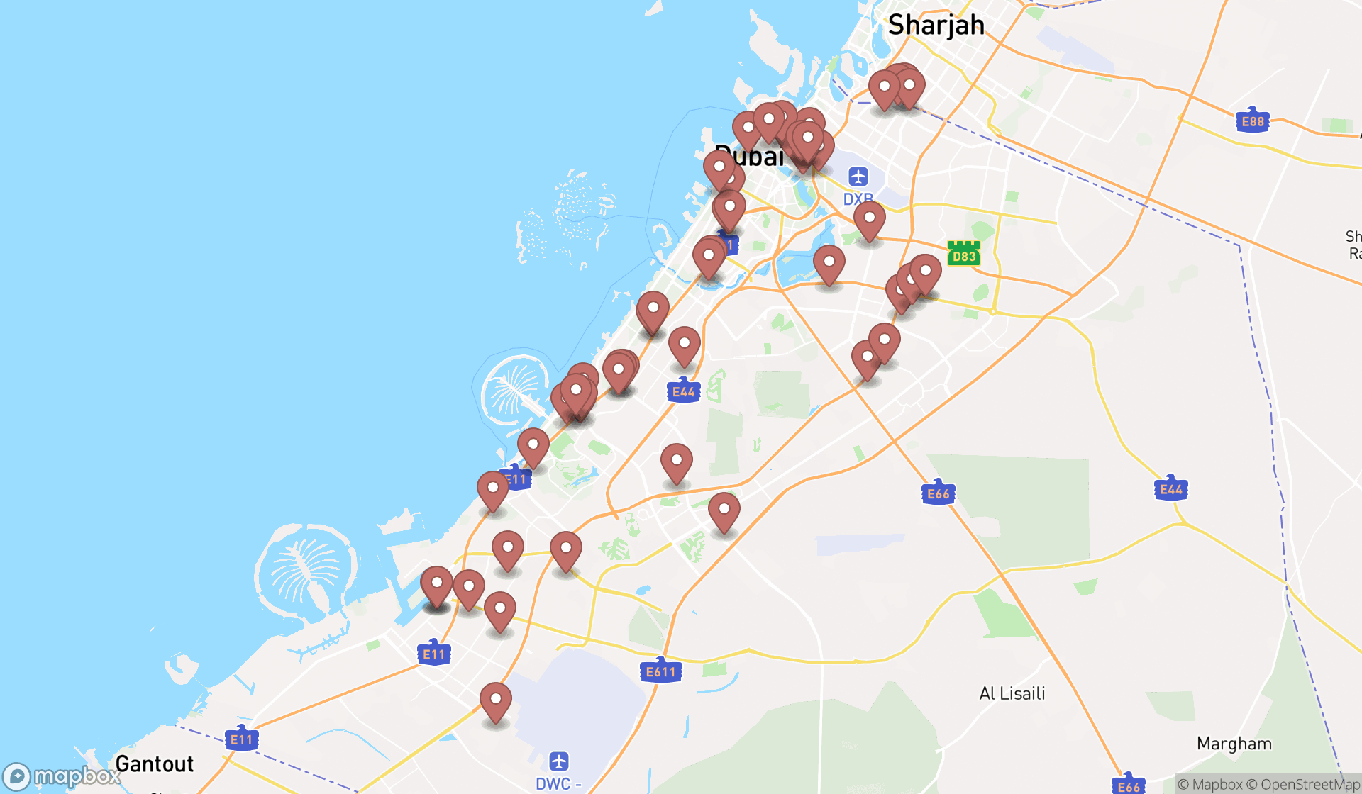 Map showing the search results in Dubai