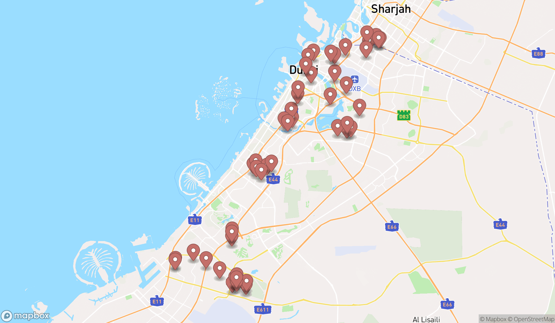 Map showing the search results in Dubai