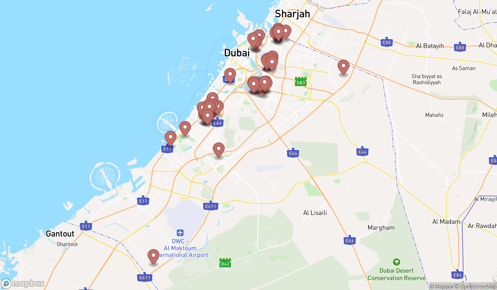 Map showing the search results in Dubai