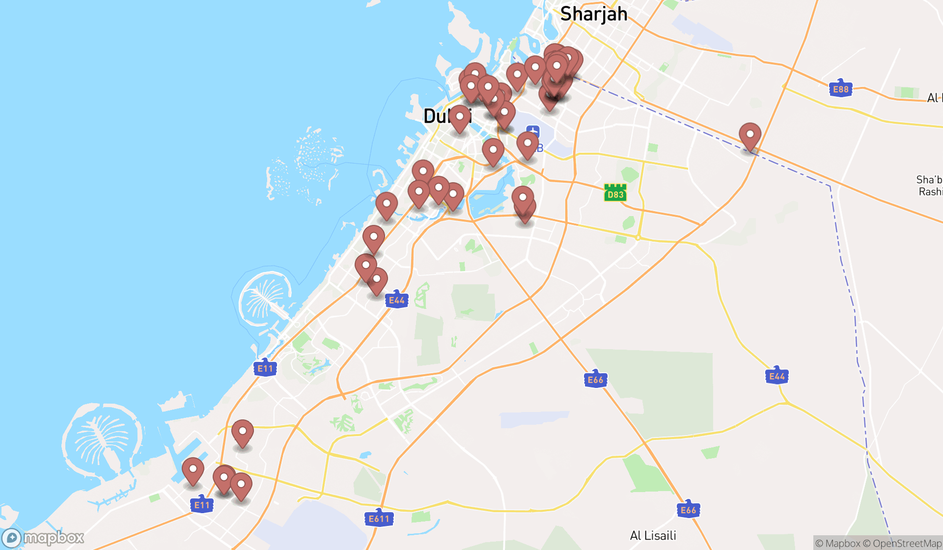 Map showing the search results in Dubai