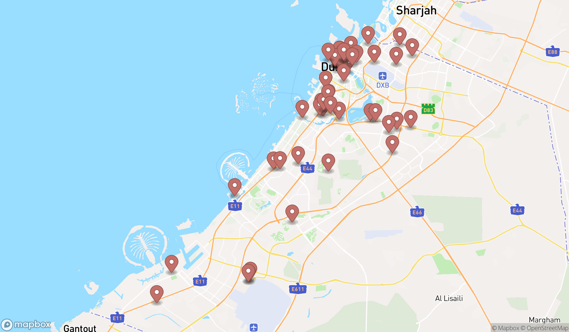 Map showing the search results in Dubai