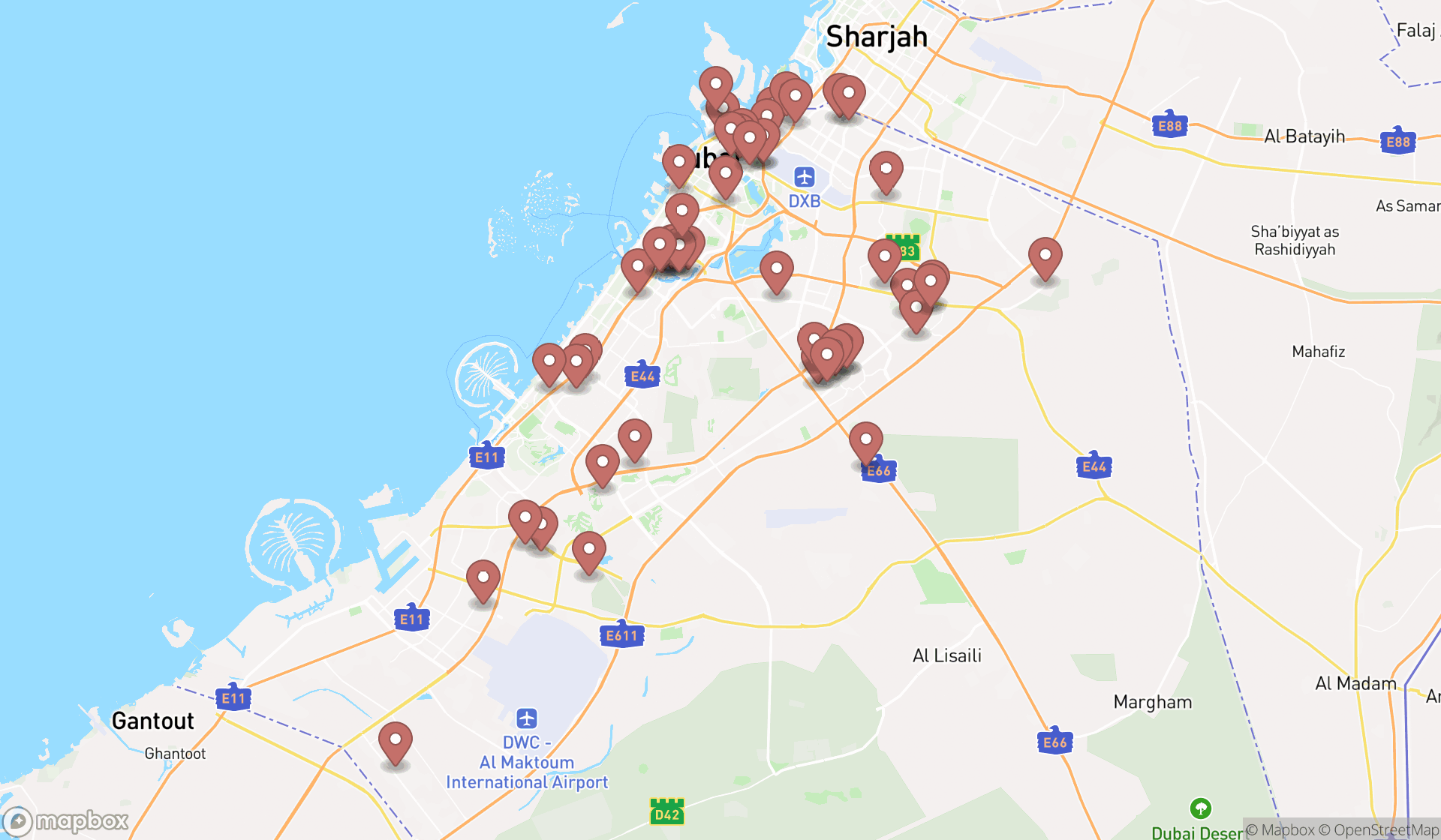 Map showing the search results in Dubai