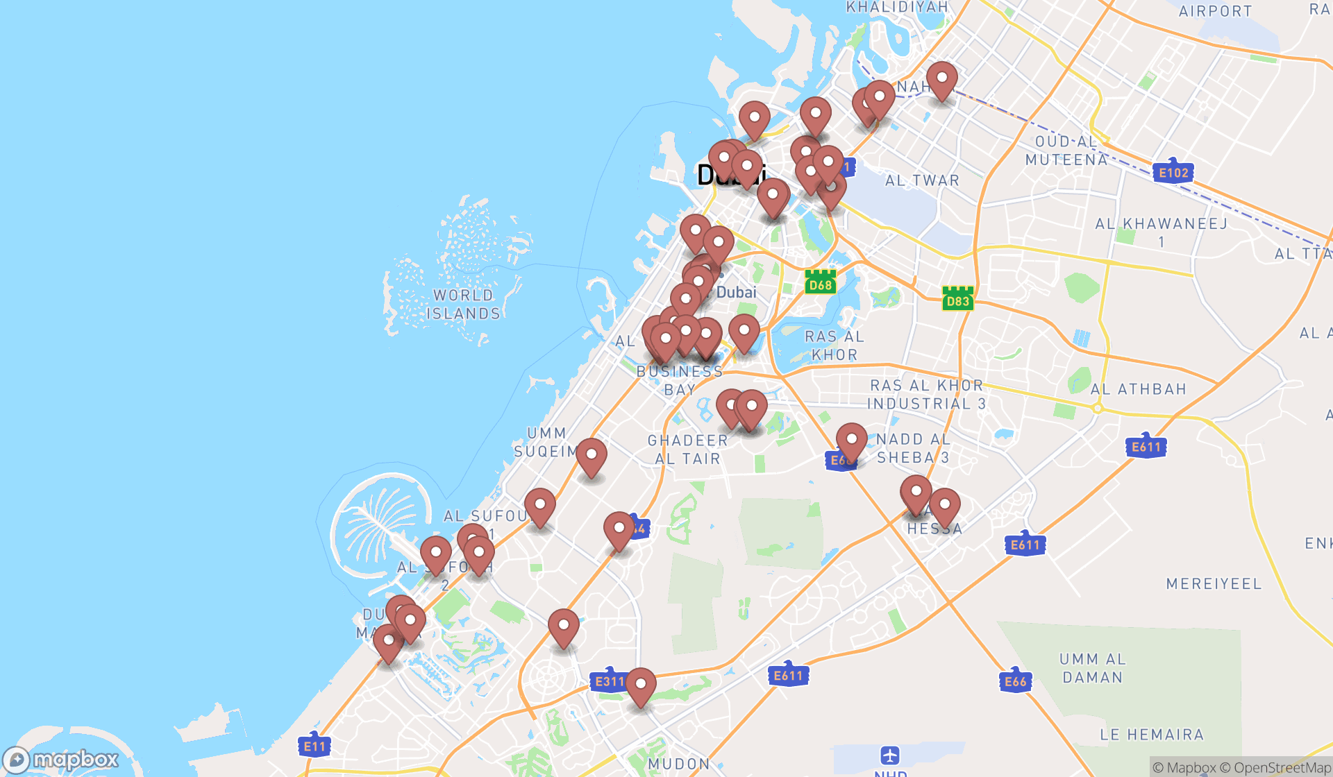Map showing the search results in Dubai