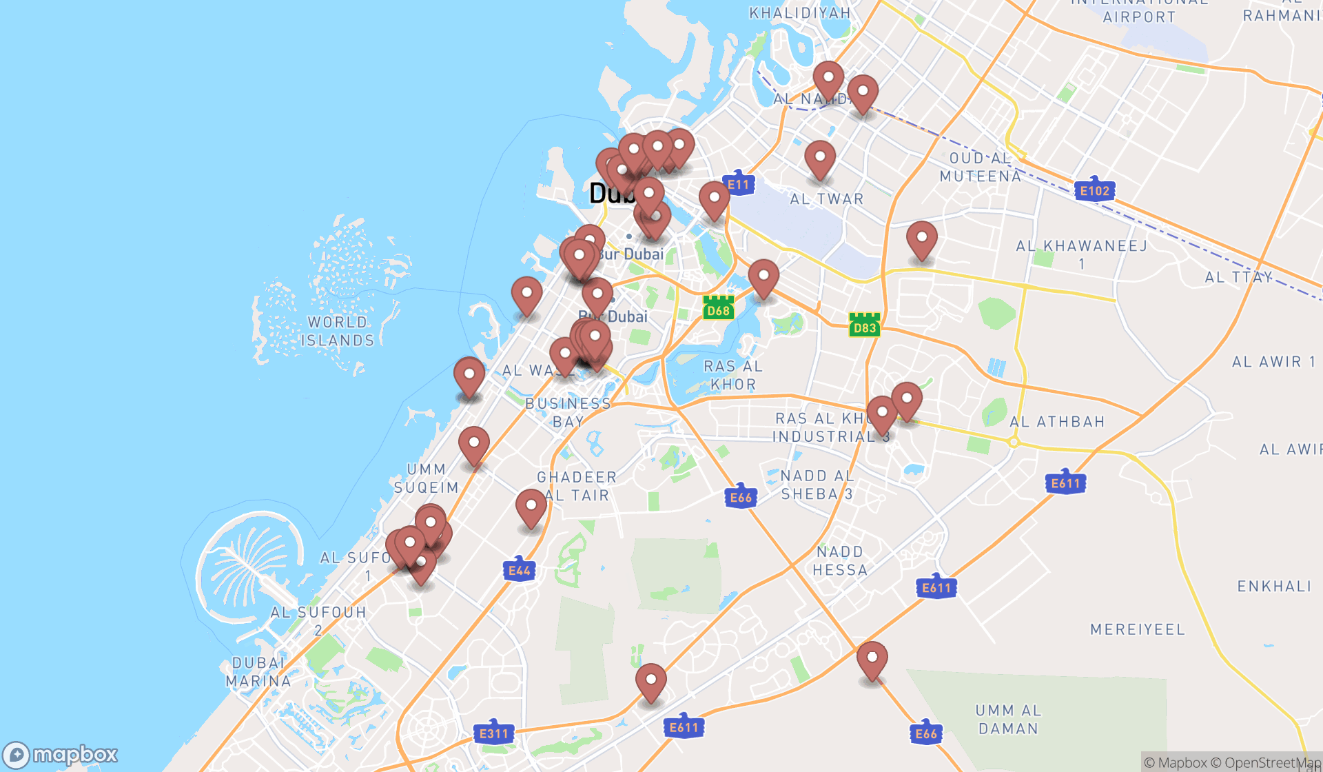 Map showing the search results in Dubai