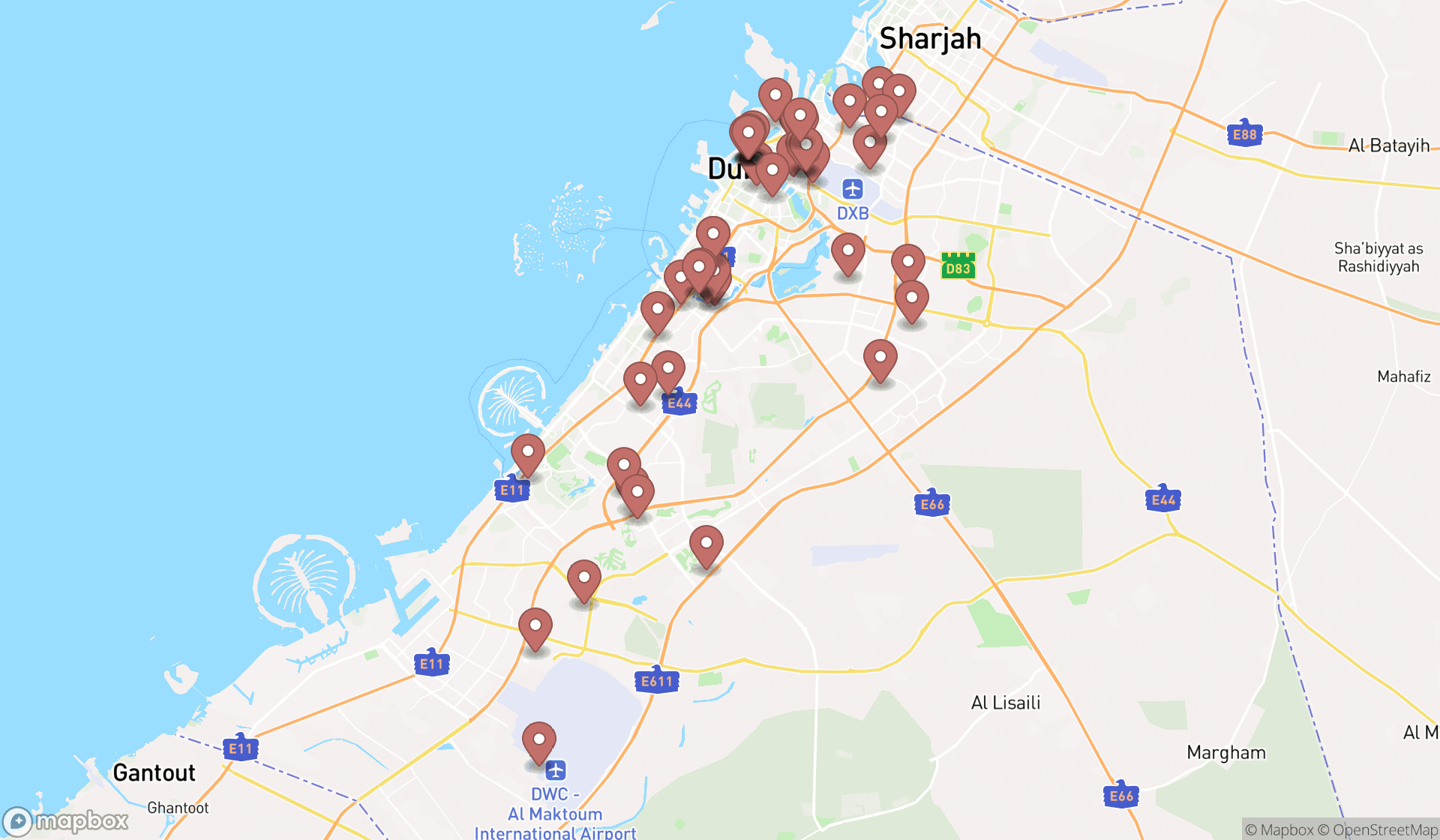 Map showing the search results in Dubai