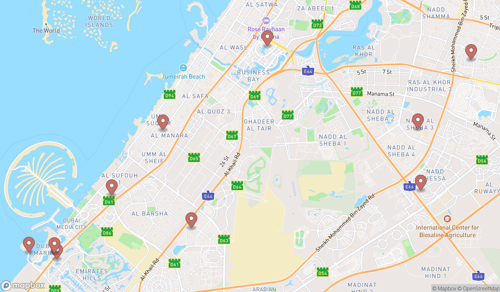 Map showing the search results in Dubai
