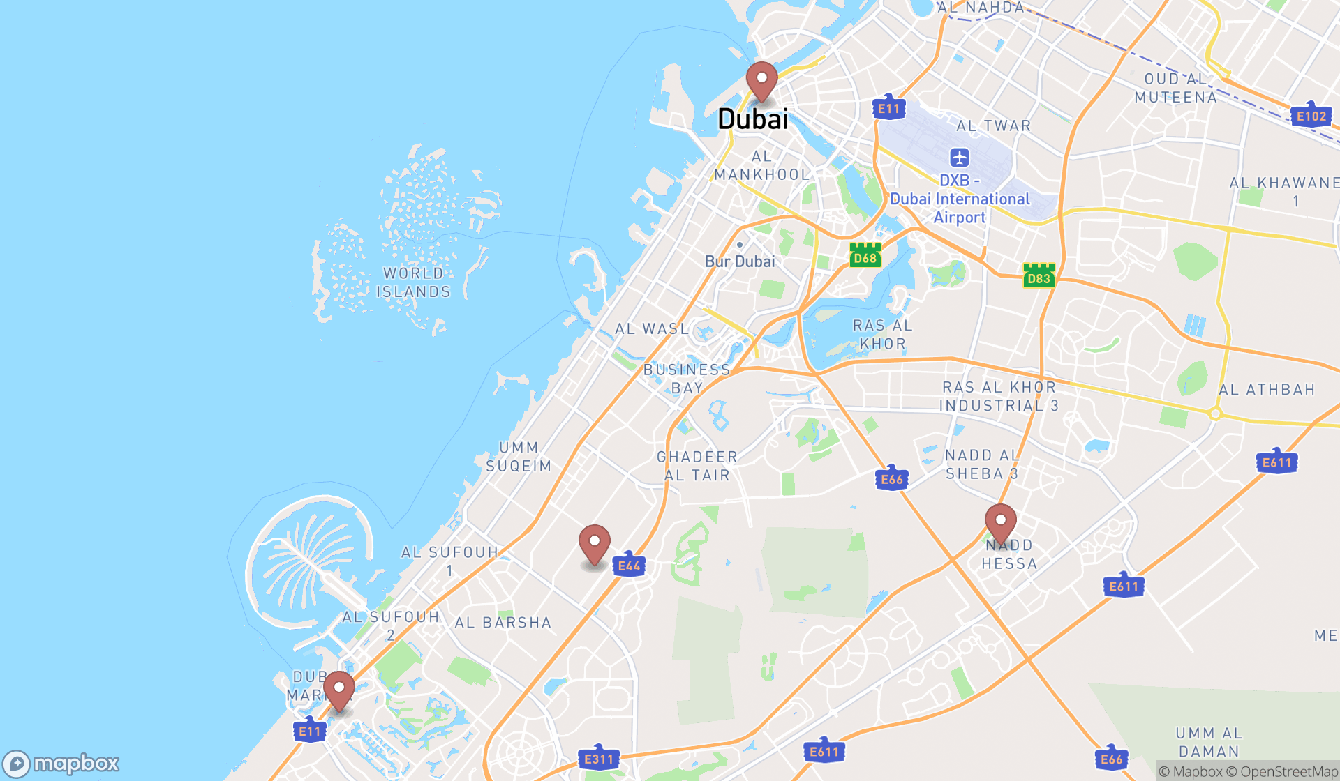 Map showing the search results in Dubai