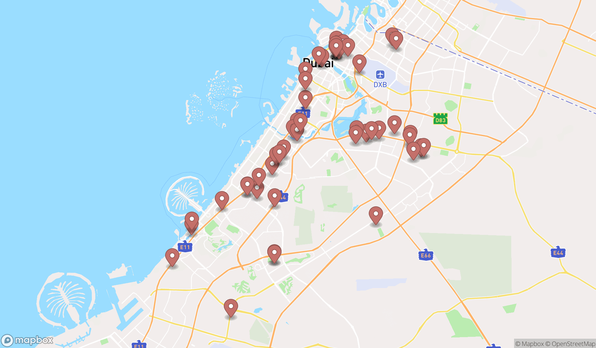 Map showing the search results in Dubai