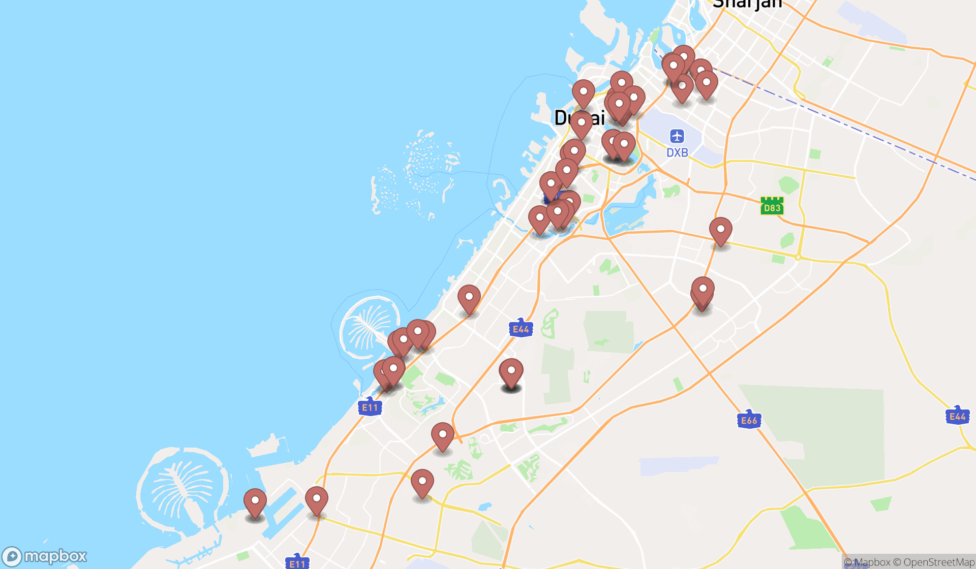 Map showing the search results in Dubai