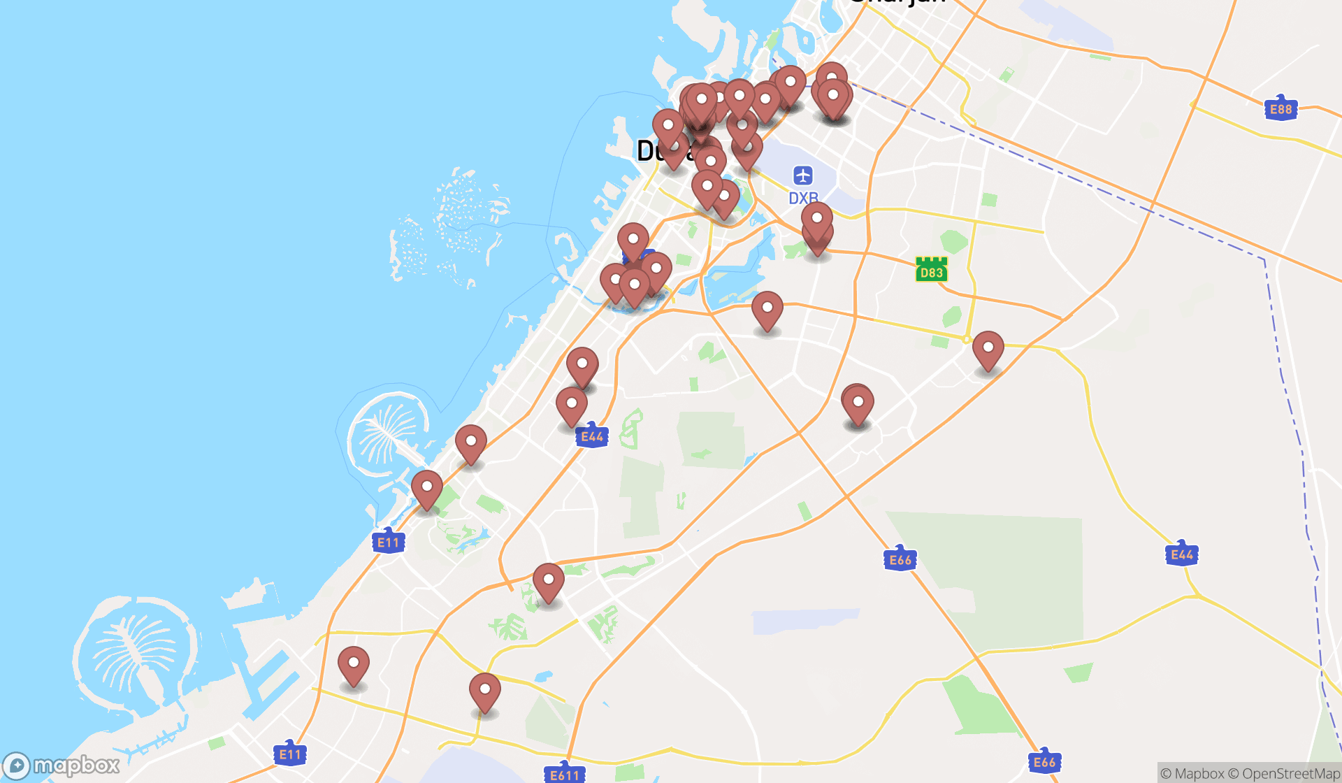 Map showing the search results in Dubai