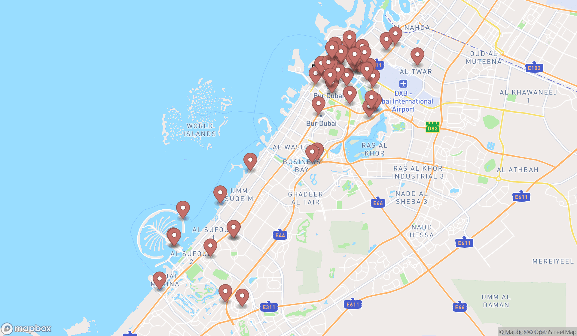 Map showing the search results in Dubai