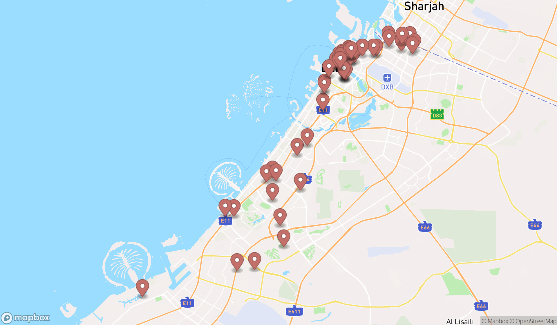 Map showing the search results in Dubai