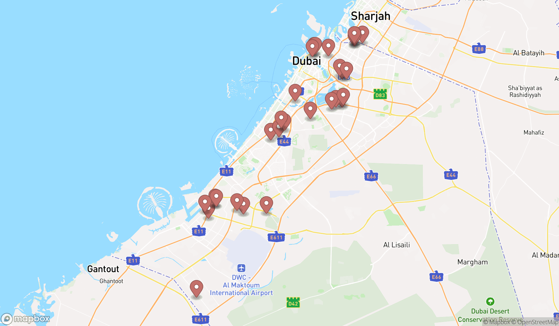 Map showing the search results in Dubai