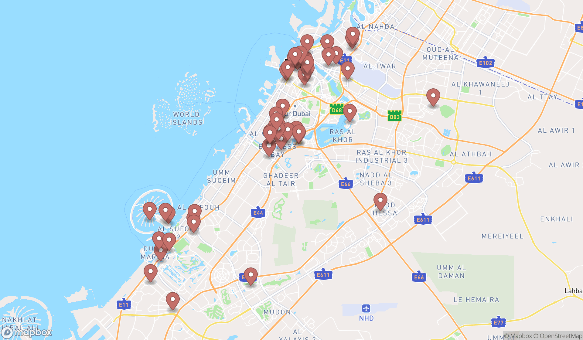 Map showing the search results in Dubai