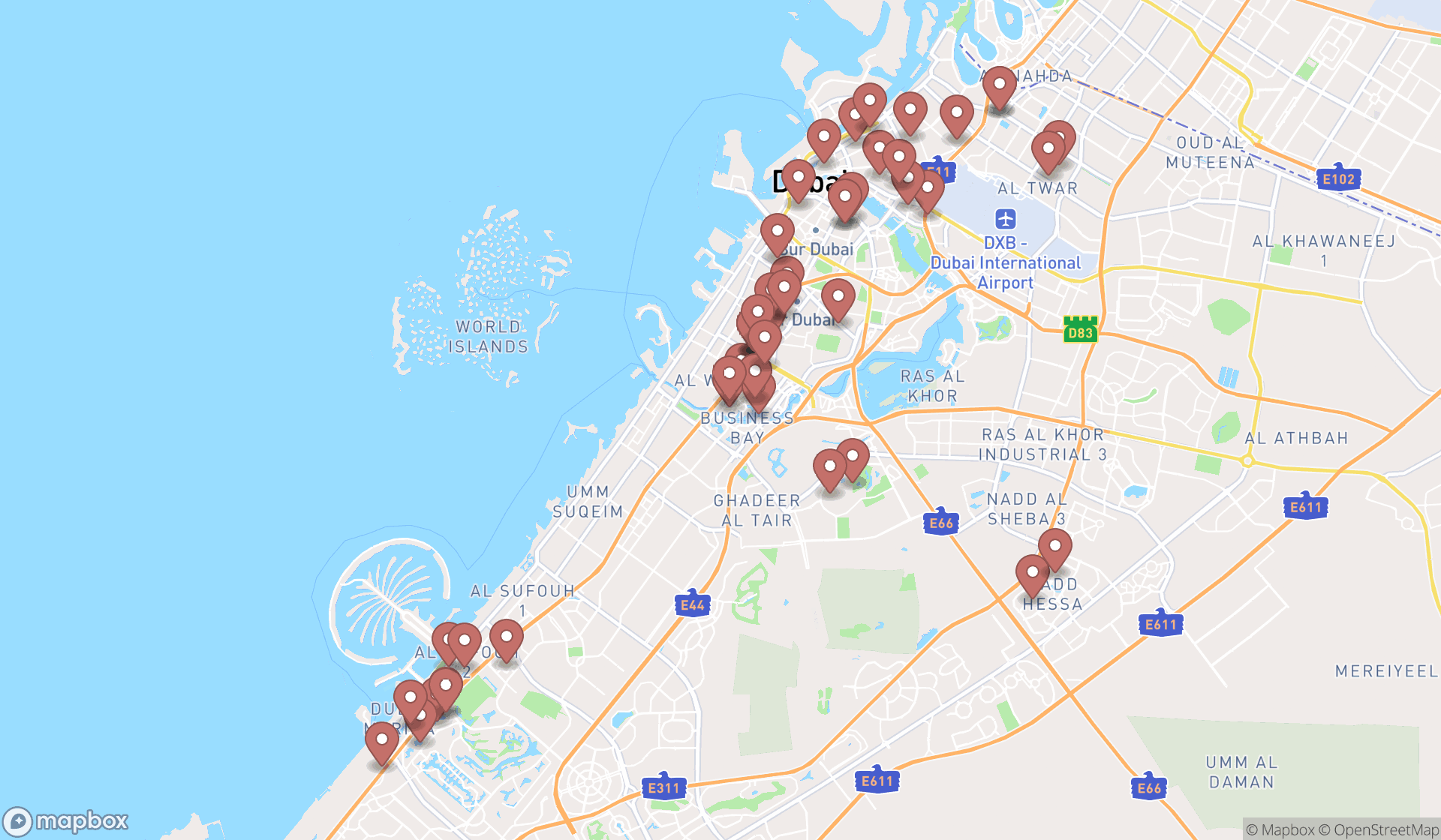 Map showing the search results in Dubai