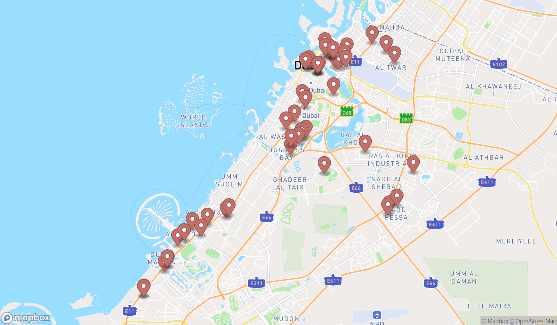 Map showing the search results in Dubai