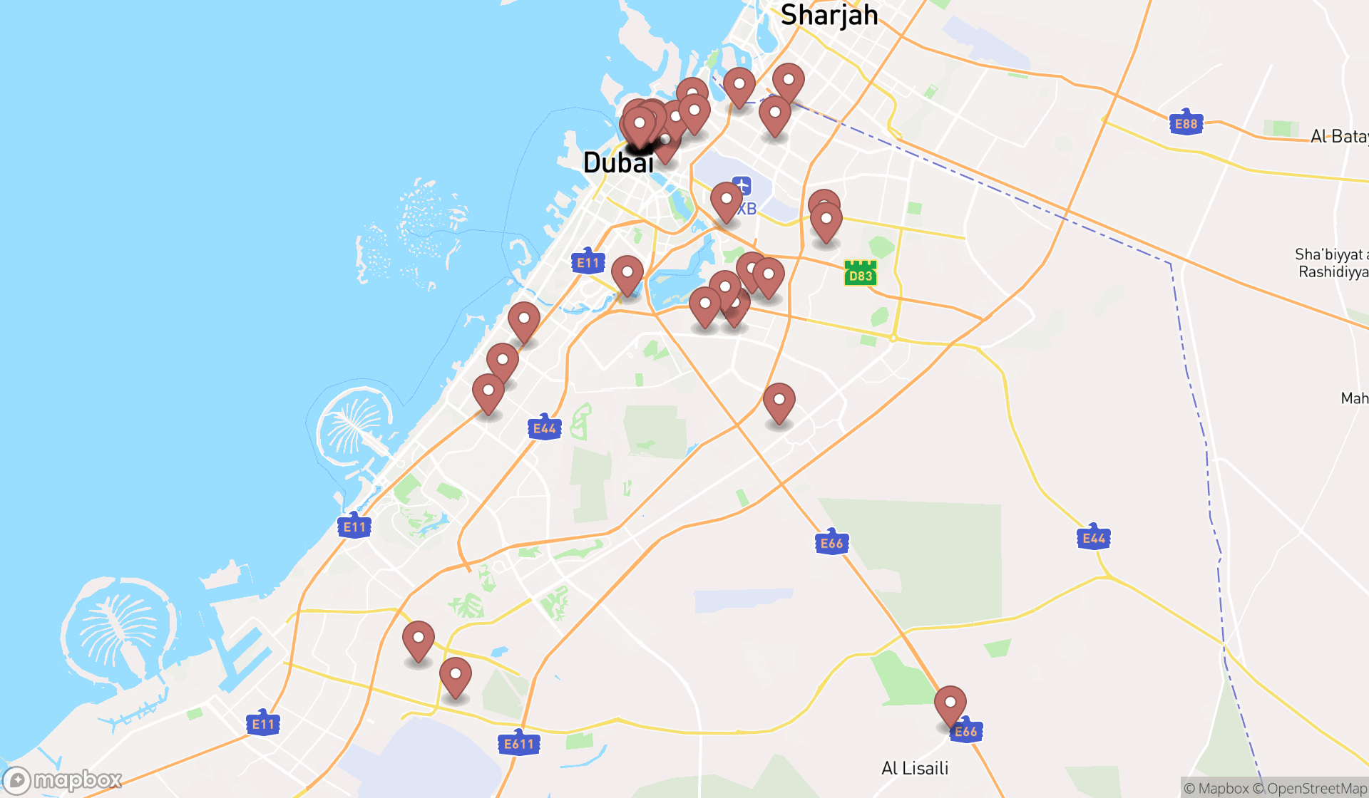 Map showing the search results in Dubai