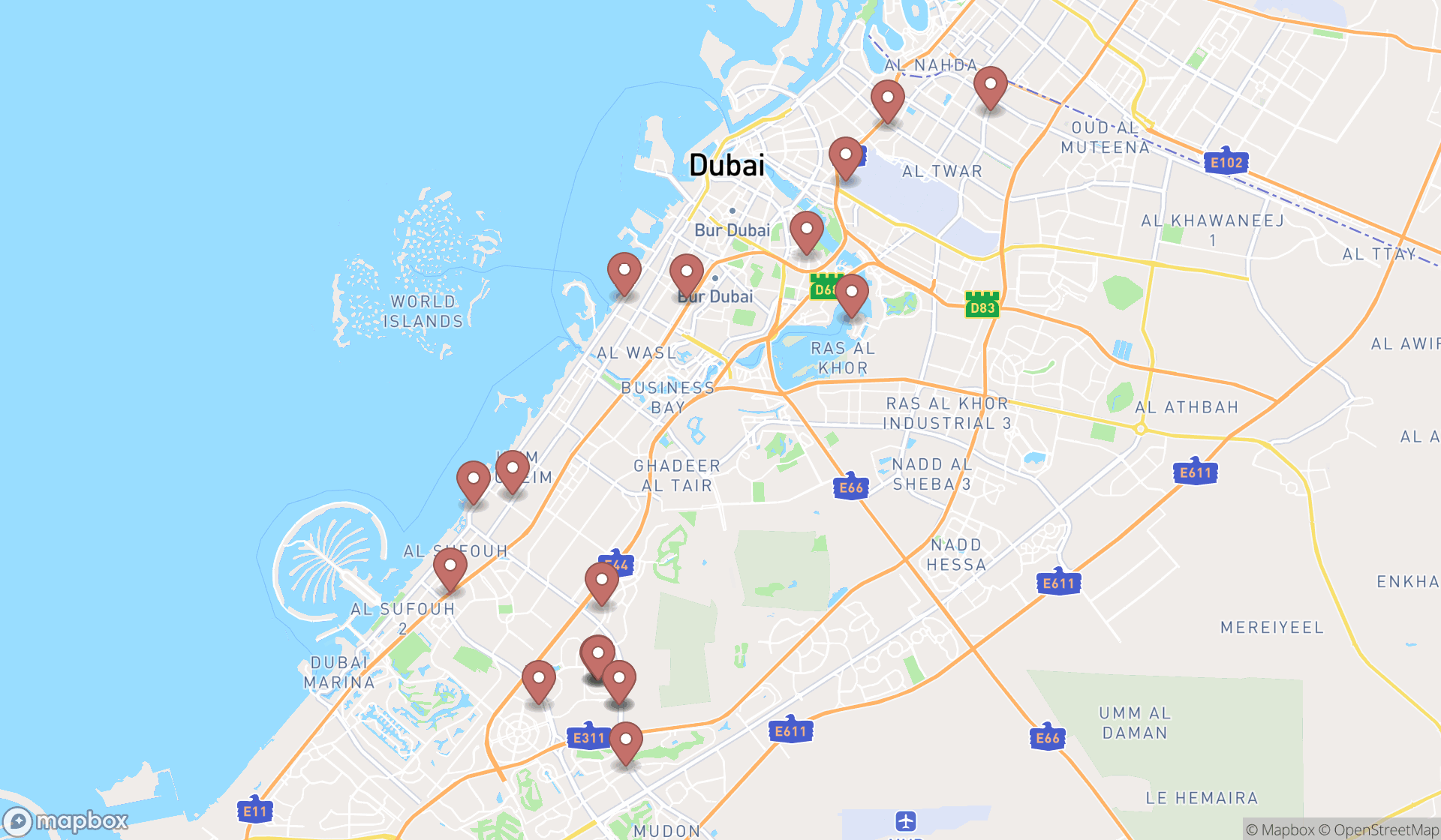 Map showing the search results in Dubai
