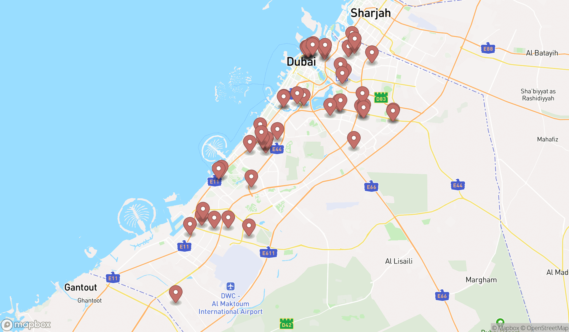Map showing the search results in Dubai