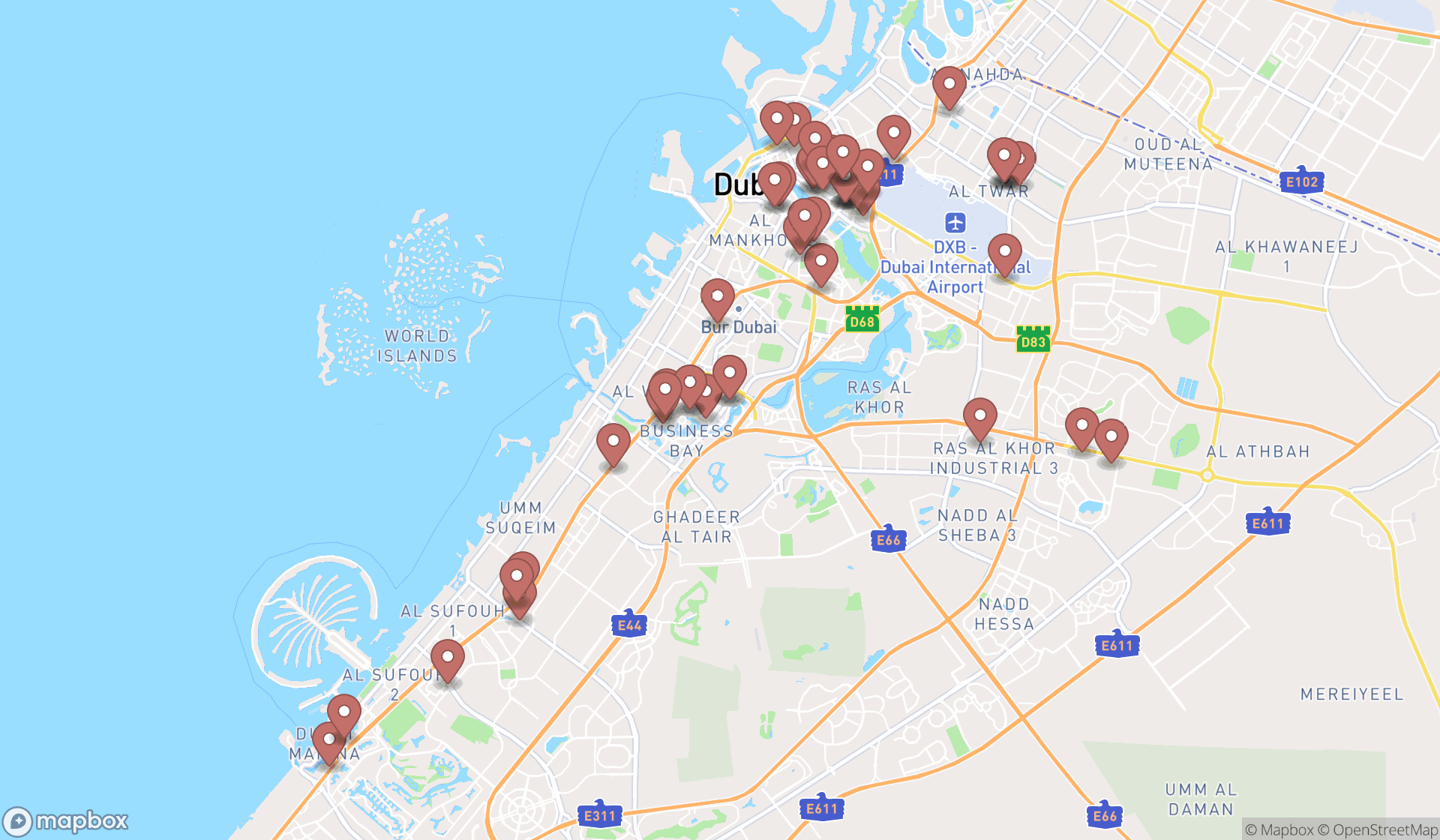 Map showing the search results in Dubai