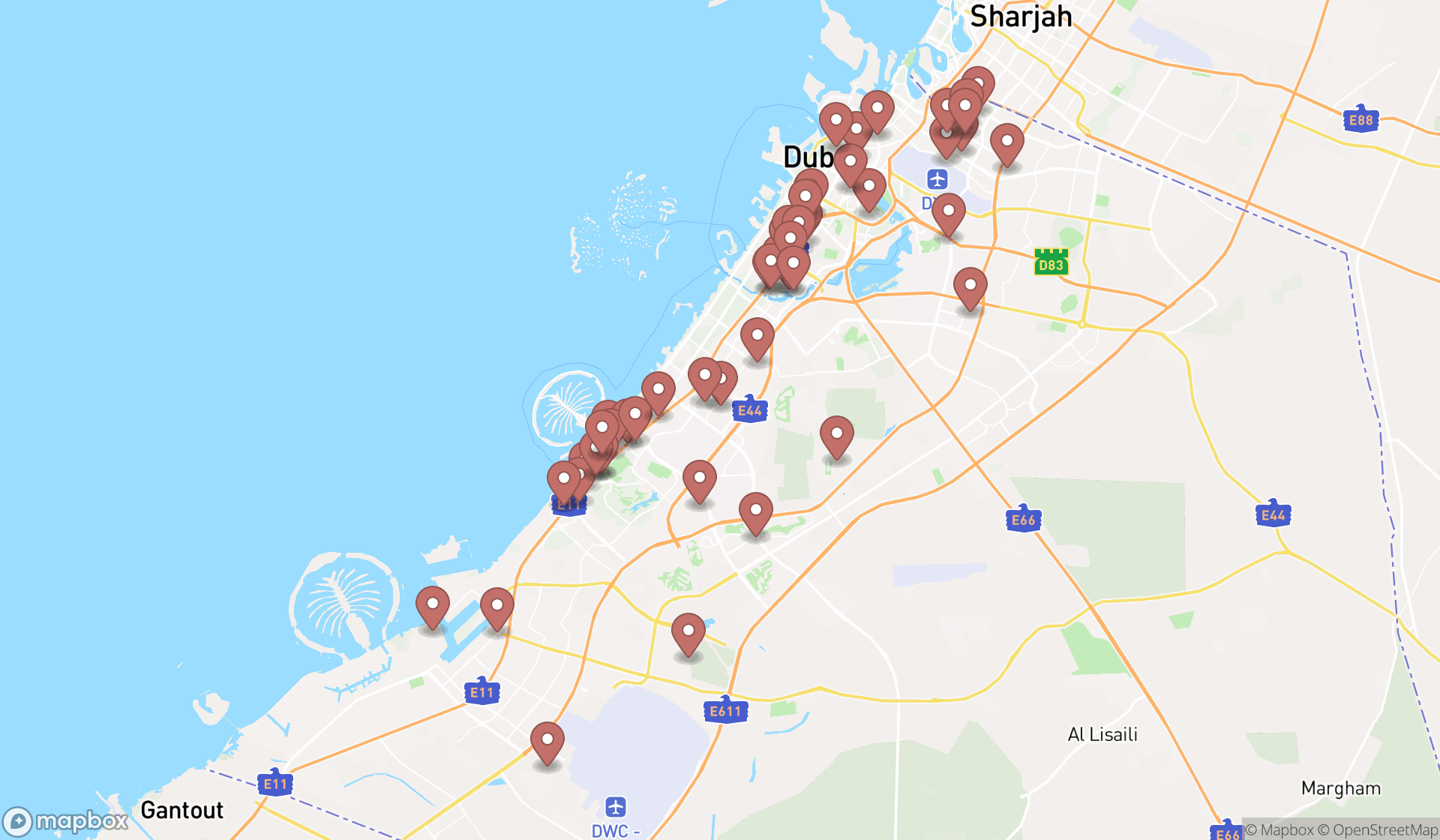 Map showing the search results in Dubai