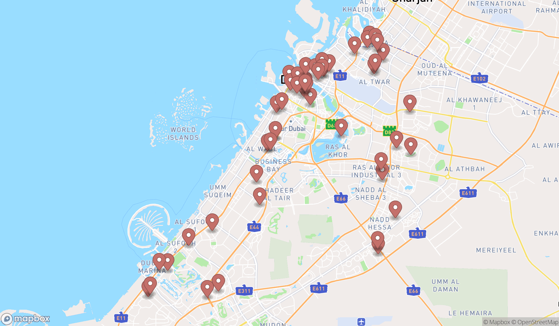Map showing the search results in Dubai