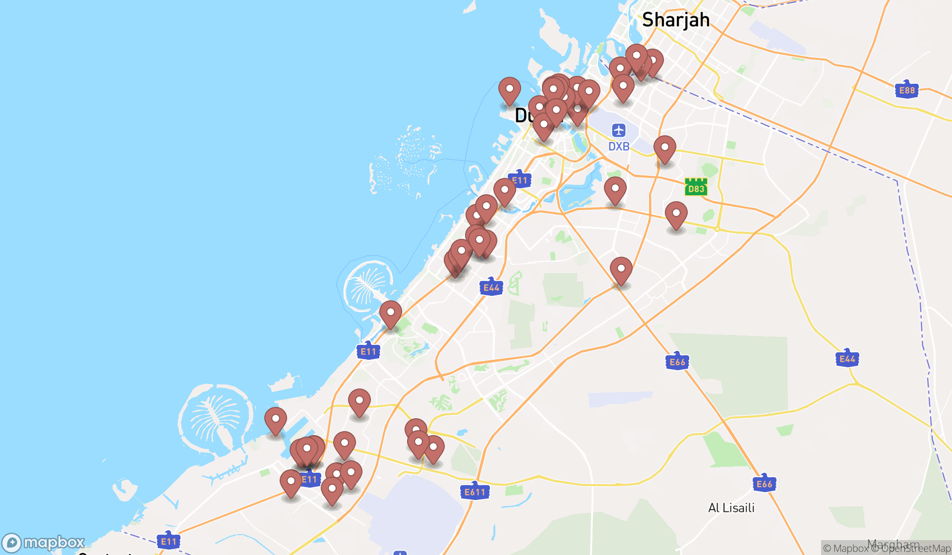 Map showing the search results in Dubai