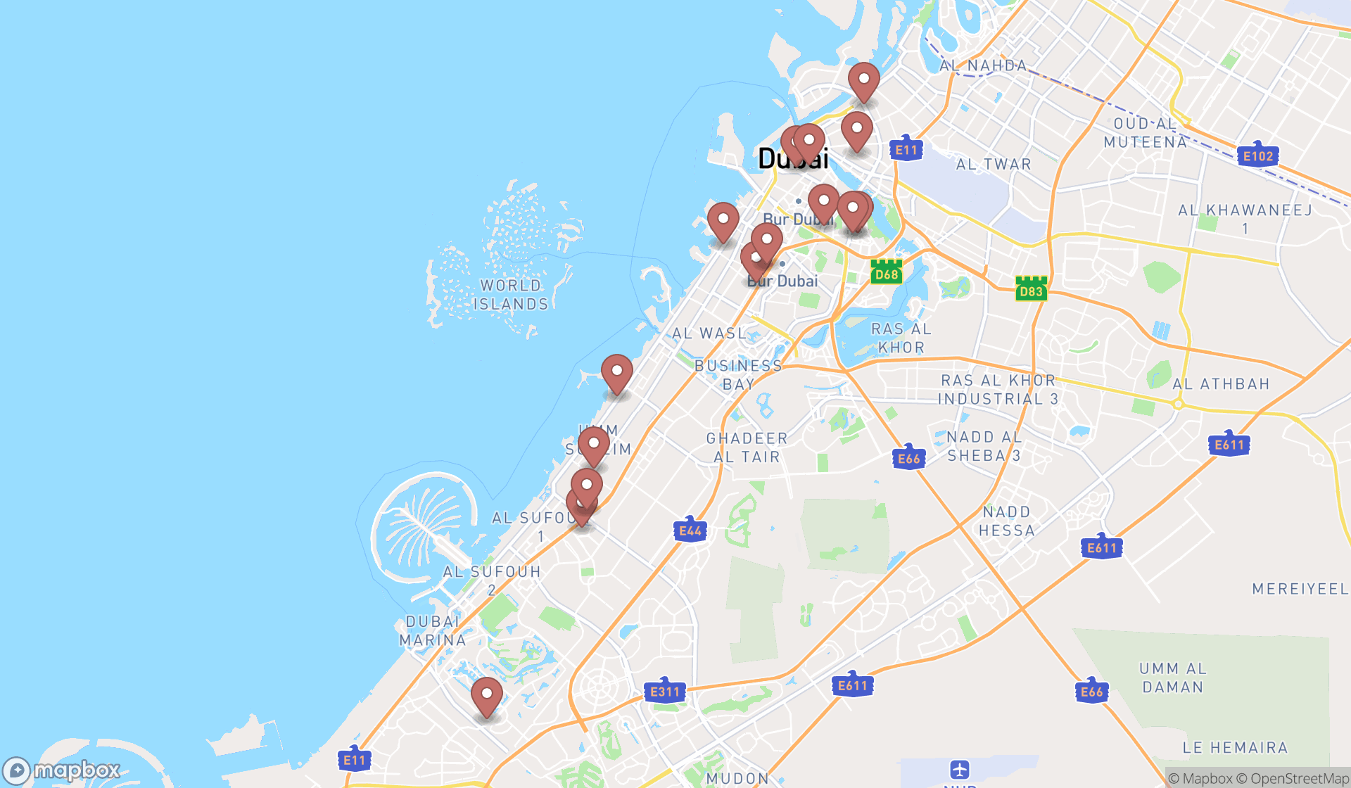 Map showing the search results in Dubai