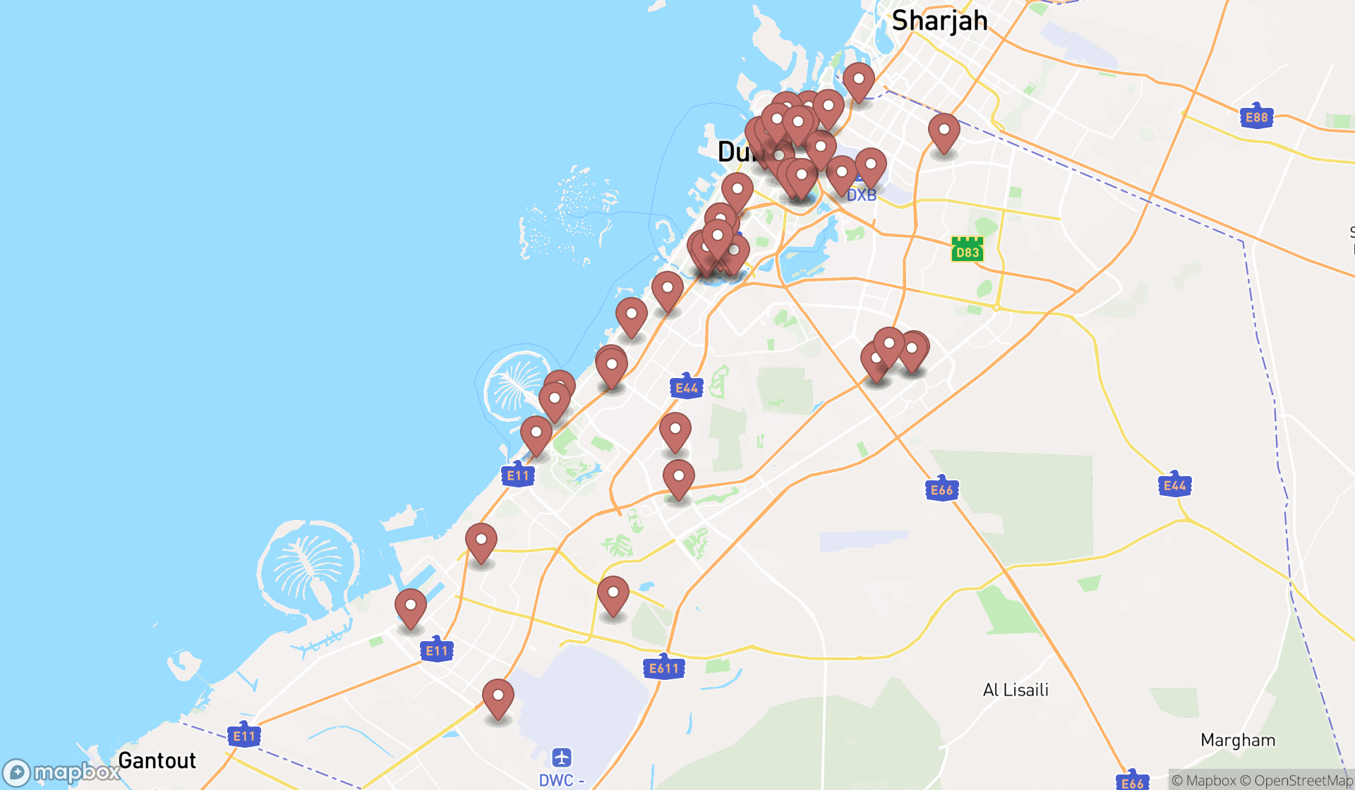 Map showing the search results in Dubai