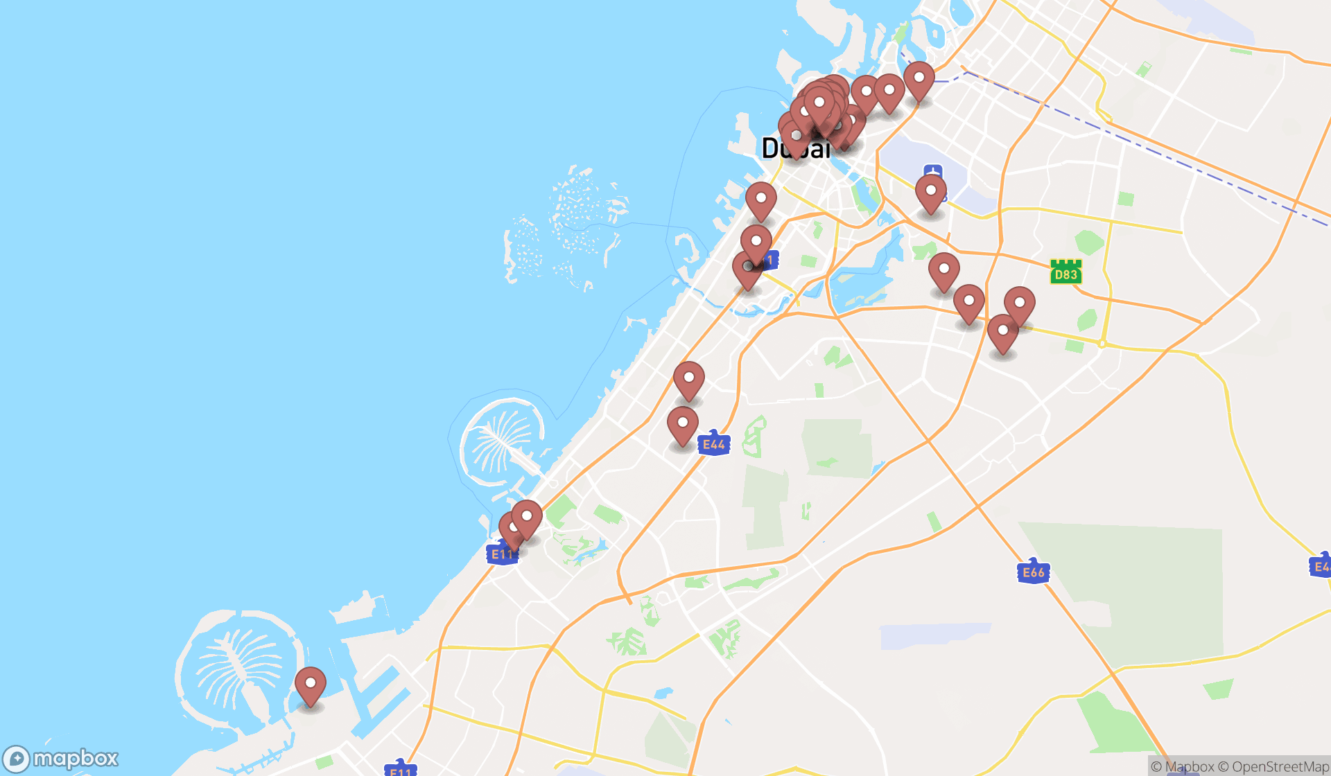 Map showing the search results in Dubai