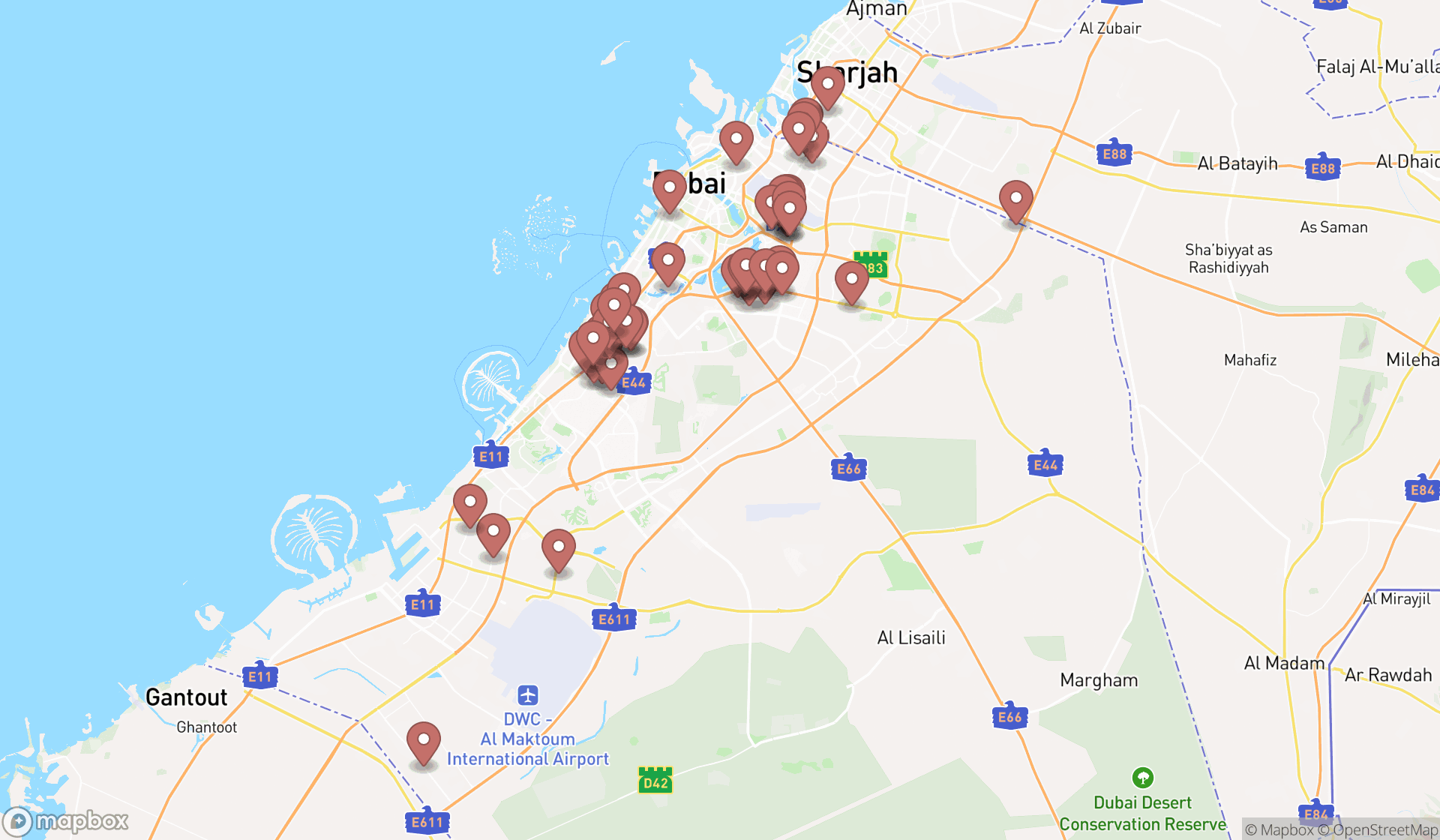 Map showing the search results in Dubai