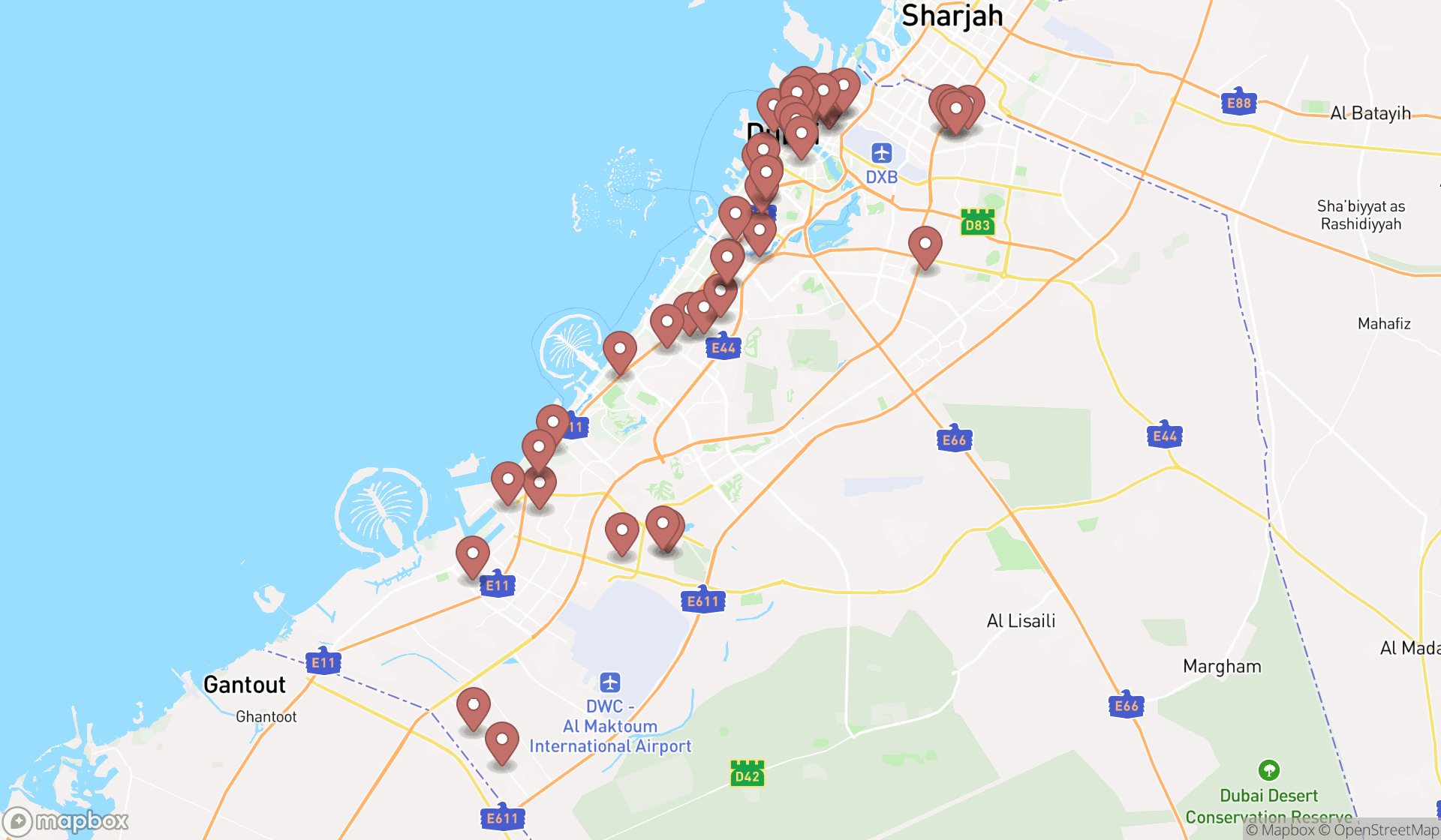 Map showing the search results in Dubai